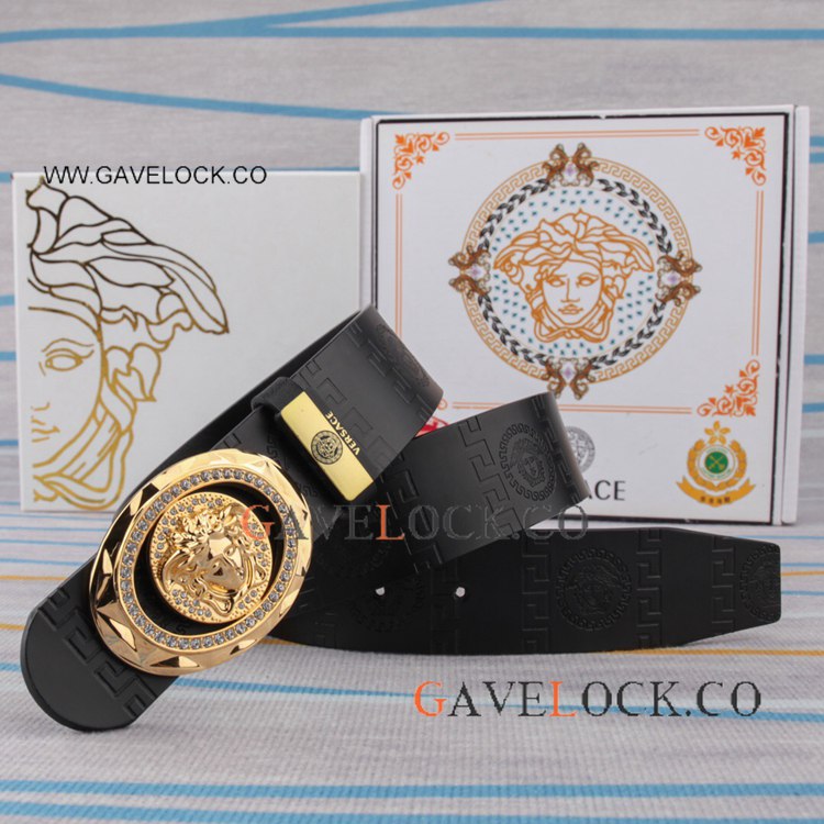 Copy Versace Men's Belt Gold Medusa Head with Diamonds
